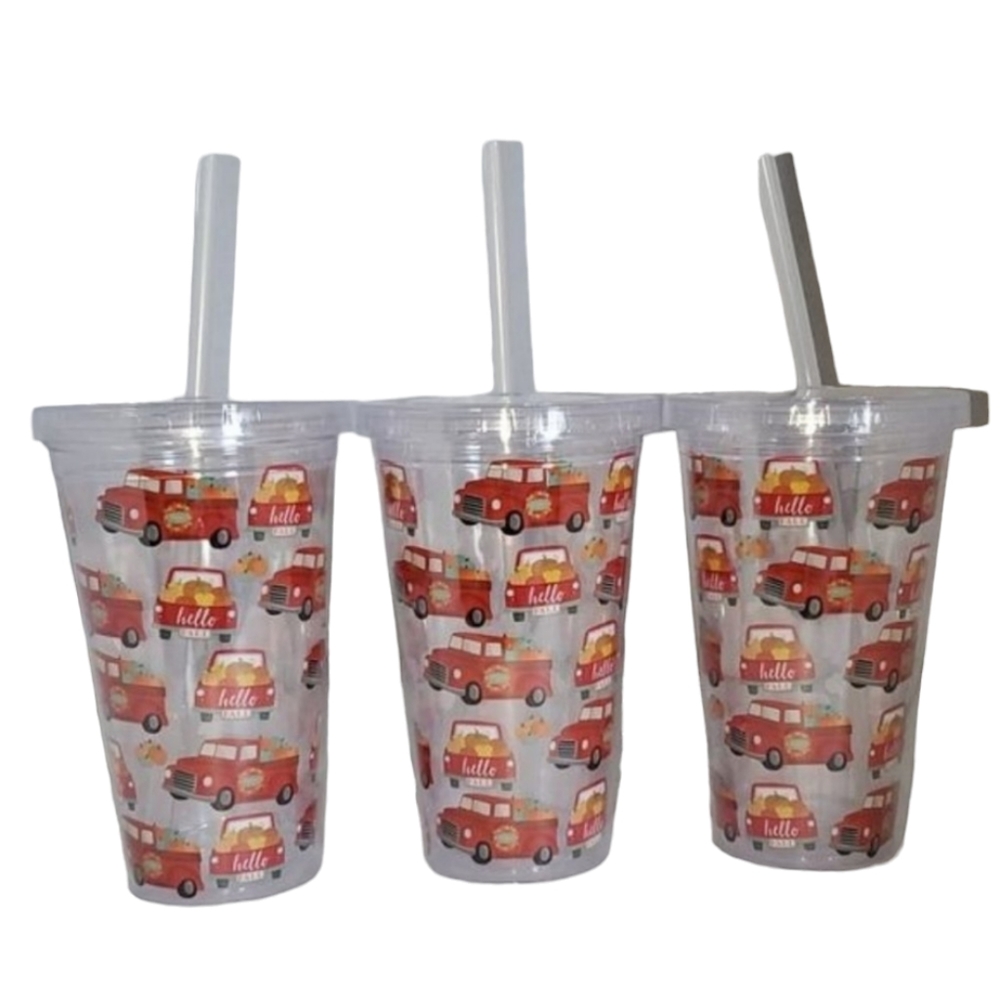 SET OF 3 Fall Travel Tumbler Cold Cup Straw Red Truck Drink 16oz Pumpkins